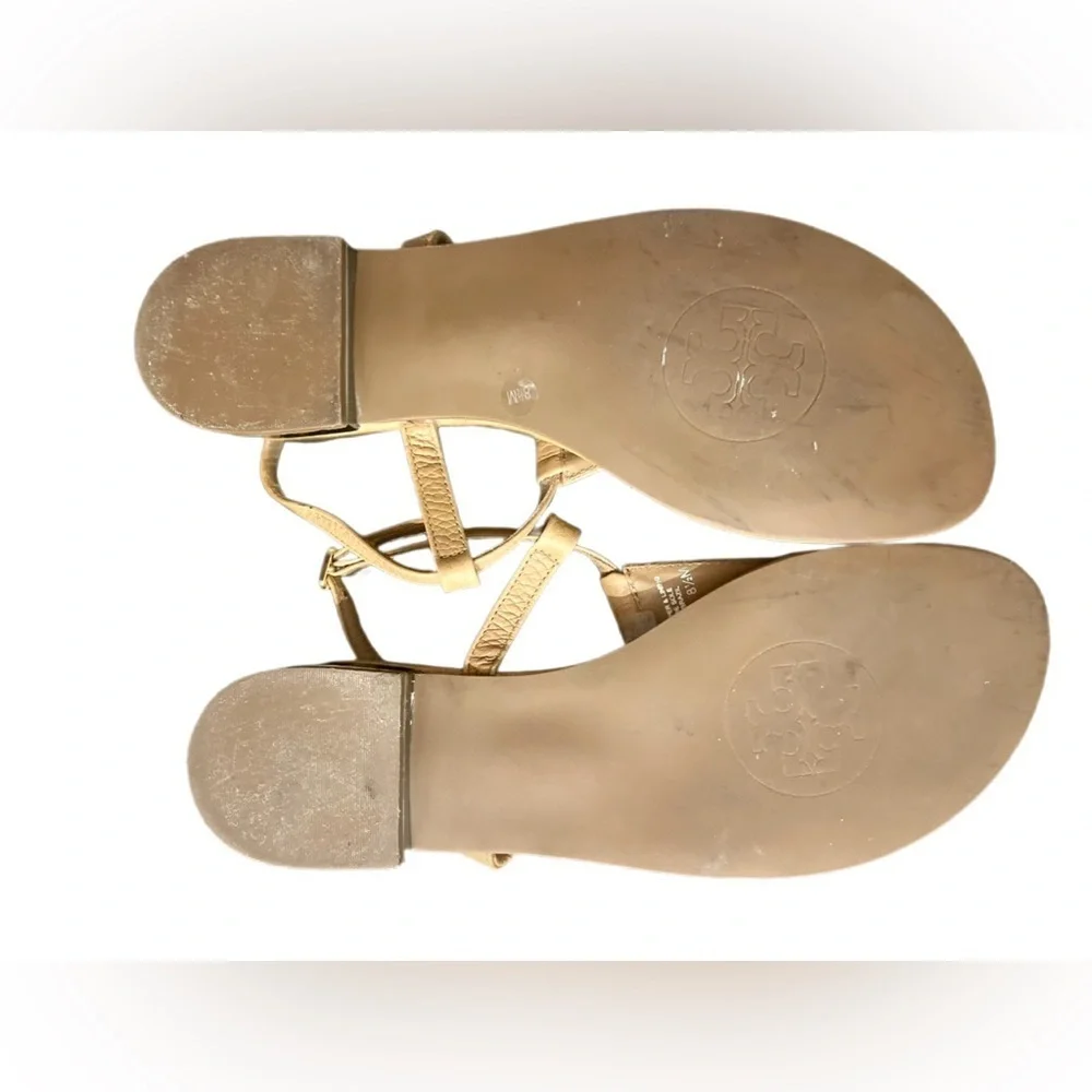 Tory Burch Tan Leather T Strap Sandals Gold Logo Size 8.5